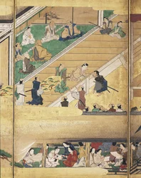 Noh Play: Funa Benkei (blæk, farver og guld på papir, skærm med seks paneler)