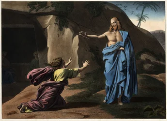 Noli me tangere: Kristi åbenbaring for den hellige Magdalene. Anonym gravering af det 19. århundrede.