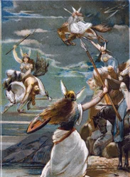 Nordisk mytologi: Valkyrierne (krigerjomfruer) i Valholl (eller Walhalla, Valhalla, Valhalle: stedet, hvor tapre krigere føres hen) og krigernes fald i kamp. Kromolitografi fra det 19. århundrede