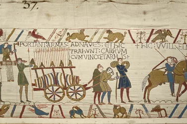 Normannere trækker en vogn fyldt med vin og våben, Bayeux-tapet (uldbroderi på hør)