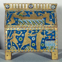 Kunstgenstand: jagtscene i emalje, guld og kobber af Sankt Thomas Becket (1118-1170), ærkebiskop af Canterbury. Den er dekoreret med fremstillinger af mordet på ærkebiskoppen den 29/12/1170 i Canterbury Cathedral og hans begravelse. Omkring 1220.