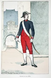 Fredsofficer (1802). Radering i farver, til illustration "" Histoire du corps des gardes de la paix""" bog udgivet i regi af Louis Lepine (1846-1933), præfekt for politiet på Seinen, af Alfred Rey (1864-?) og Louis Feron (1862-?),
