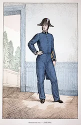 Fredsofficer (1841-1848). Ætsning i farver, til illustration "" History of the corps of peacekeepers""" bog udgivet i regi af Louis Lepine (1846-1933), præfekt for politiet på Seinen, af Alfred Rey (1864-?) og Louis Feron (1862) -