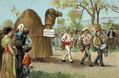 Gammel skik, der fejres i Languedoc-regionen: Kamelvandringen på Sankt Afrodites dag. Kromolitografi i slutningen af det 19. århundrede.