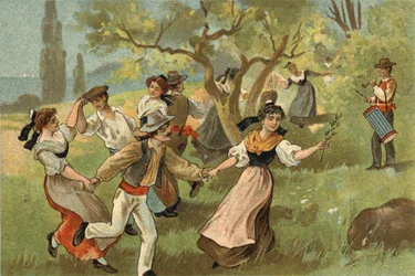 Gammel skik, der fejres i Provence-regionen: Farandolen til høstfester for silkeorme. Kromolitografi i slutningen af det 19. århundrede.