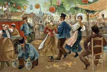 Gammel skik, der fejres i regionen Flandern: Flemish Fair. Kromolitografi i slutningen af det 19. århundrede.