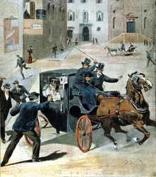 Den 16. juni 1894 i Rom affyrede anarkisten Paolo Lega en revolver mod Francesco Crispi, formand for det italienske råd. Illustration af perioden.