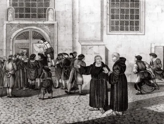 Den 31/10/1517 postede Luther på porten til Wittenberg Slot sine 95 teser "", der fordømte salget af afladsbreve, og som markerede begyndelsen på reformationen - grav.