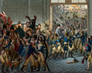 Et hundrede dage: "" Napoleon Bonaparte (1769-1821) vendte tilbage fra sit eksil på øen Elba - triumferende indtog den 20. marts 1815 i Palais des Tuileries - Gravering 1800-tallet