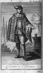Chevalry-ordener. Ridder af Herminei i Bretagne i det 14. århundrede. I "" Historien om militære ordener eller riddere, om de sikre og rutineprægede militser af begge køn, som er blevet etableret indtil i dag. Udgave taget fra Abbe Giustiniani, R.P.Bo