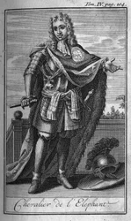 Ridderordener. Ridder af elefanten i Danmark i 1400-tallet. I "" Historien om militære ordener eller riddere, om de sikre og rutineprægede militser af begge køn, som er blevet etableret indtil videre. Udgave taget fra Abbe Giustiniani, R.P.Bonani, M