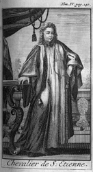 Ridderordener. Ridder af St. Stephen i Toscana i det 16. århundrede. I "" Historien om militære ordener eller riddere, om de sikre og rutineprægede militser af begge køn, som er blevet etableret indtil videre. Udgave taget fra Abbe Giustiniani, R.P.Bonani,