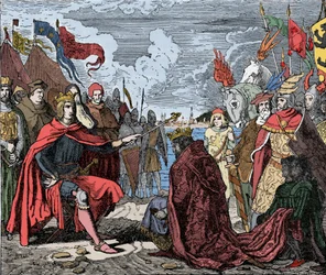 Ottokar II (1230-1278) hyldest til Rudolf I - Ottokar II (1233-1278) konge af Boheme, hylder Rodolf I af Det Hellige Rige (eller Rodolf IV af Habsburg) (1218-1291), efter slaget ved Marchfeld , i 1278 -