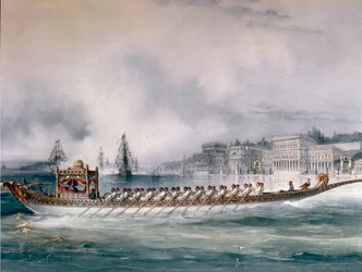 Det Osmanniske Rige: "" Repræsentation af sultanens båd på Bosporusområdet i Istanbul"" Ciragan-paladset er synligt. Detalje. Maleri fra slutningen af 1800-tallet. Istanbul, Søfartsmuseet