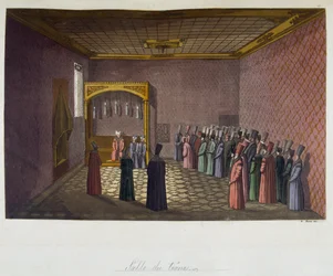 Ottoman Empire: The Throne Hall - i "" Det gamle og moderne kostume"" af Ferrario, ed Milan