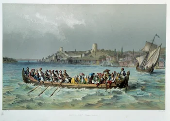 Osmannerriget: omnibusbåd i Konstantinopel (Istanbul). Litografi af det 19. århundrede. Dekorativ kunst, Paris