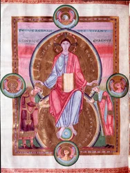 Side af Kejserens Bibel: Kristus omgivet af tetramorfen mellem kejser Henrik III og hans kone Agnes af Poitou (miniature