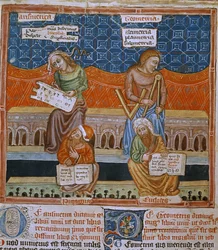 Side af et manuskript, der repræsenterer allegorierne for aritmetik og geometri (manuskript)