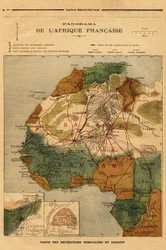 Panorama over Fransk Afrika, kort over franske ekspeditioner i Afrika. Indgravering i "" Le petit journal"" 5/03/1894. Selvas samling.