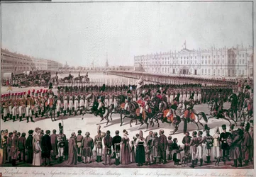 Parade af det russiske infanteri. Tryk fra begyndelsen af 1800-tallet.