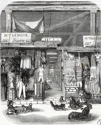 Paris 3. arrondissement - Carre de Flore: linned i Carreau du Temple i det 19. århundrede - Indgravering i "" Tableau-de-Paris"" af Edmond Texier