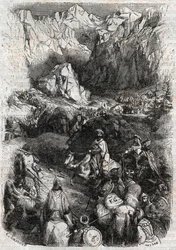 Maurernes passage af Pyrenæerne - stik fra 1851 fra »Den rasende Roland« (Orlando furioso) (det 16. århundrede) af Ludovico Ariosto - udgave oversat fra italiensk ved greven af Tressan og udgivet af Gustave Havard i 1851