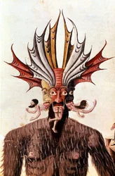 Fremstilling af Lucifer (djævel) i Dantes «Den guddommelige komedie». Håndskrift fra 14. århundrede. Biblioteca Trivulziana, Milano