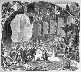 Opførelse af "" Tannhauser"" af Richard Wagner i Paris Opera i 1861. Anden akts sidste scene. Alphonse tegning af Neuville.