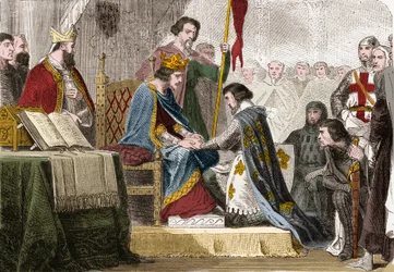 Philip IV the Bel (1268 - 1314), konge af Frankrig gav sin datter Isabelle af Frankrig (1295-1358) i 1308 i ægteskab med søn af kong Edward II af England (1284-1327). Indgravering i "" Histoire De France En Cent malerier af Paul Lehugeur "" 1891.
