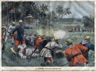Filippinsk-amerikanske krig - Amerikansk-filippinske krig - Philippine Americano - Emilio Aguinaldos tropper, afskåret nær Polo, modstår hårdnakket angrebet fra amerikanske tropper under general MacArthur - stik i «Le Pèlerin» fra 1899