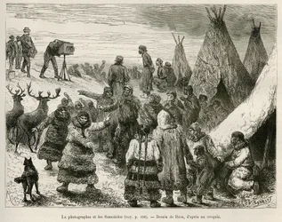 Fotografi og Samoiedes fra Caborova-regionen (Sverige), tegning af Riou, for at illustrere historien om professor Nils Adolf Erik (Eric) Baron Nordenskjold (Nordenskiold) (1832-1901): Svensk polarekspedition