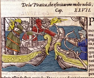 Pirateri blev praktiseret af mange skandinaviske adelige kvinder. Indgravering fra "Historia de gentium septentrionalium" af Olaus Magnus, Venedig 1567.