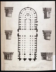 Plan og kapitæler af Notre-Dame-katedralen i Paris. 19. århundrede.