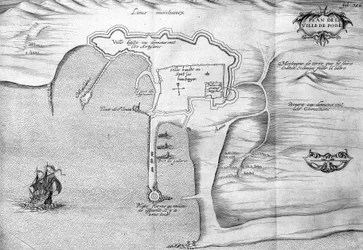Plan over Rhodos (Rodos) - i "" Voyage de levant lavet på kommando af kongen i år 1621", redigeret i 1629 (under Ludvig XIII Le Justes regeringstid)
