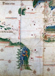 Cantinos planisfære: Kort af Alberto Cantino fra 1502, der viser den grænselinje mellem portugisisk og spansk Amerika, som blev fastlagt ved Tordesillas-traktaten (1494). Biblioteca Estense, Modena