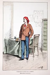 Kommunens politikommissær. Radering i farver, til illustration "" Historien om korpset af fredsbevarende styrker""" bog udgivet i regi af Louis Lepine (1846-1933), præfekt for politiet på Seinen, af Alfred Rey (1864-?) og Louis Feron