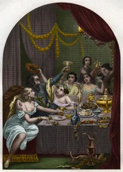 Pave Alexander VI (1431-1503) (Alessandro, Rodrigo Borgia): Rodrigo Borgia fejrer ægteskabet mellem sin datter Lucrezia Borgia og 50 kurtisaner i Vatikanet. Gravure fra 1842 i “Histoire des popes: crimes, murders, poisonings, parricides, adulteres