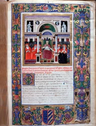 Pave Clemens IV leverer en pavelig tyr af privilegier til de dominikanske munke (miniature