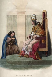 Pave Joan, der regerede mellem 855 og 858, iført pavelige klædedragter. Papess Jeanne (pontifikat fra 855 til 858) i pavetøj. Indgravering fra 1842 i "Histoire des popes"" af Maurice Lachatre. Privat samling.