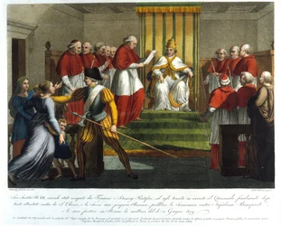 Pave Pius VII (1742 - 1823) ekskommunerede Napoleon Bonaparte den 10. juni 1809. Indgravering af det 19. århundrede.