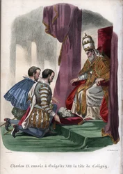 Pave Gregor XIII (1502-1585) modtager hovedet af Gaspard de Coligny (1519-1572), myrdet under Bartholomæusnatten i 1572, som gave fra Frankrigs kong Karl IX (1550-1574).