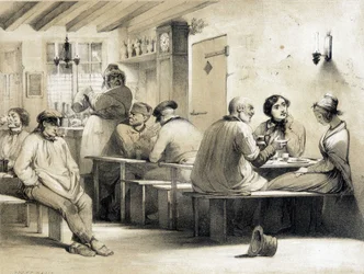 Populært hostel "" Le Carpet Franc"". Illustration af det 19. århundrede.
