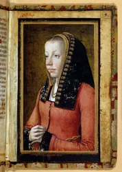 Portræt antager af Anne af Bretagne (1477-1514), dronning af Frankrig. Miniature, fragment af timebog. Anonym
