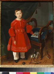 ""Portræt af en dreng i en rød kjole, der poserer blandt sit legetøj og en alfabetbog"" (Portræt af en dreng i en rød kjole med legetøj og en alfabetbog) Anonymt maleri omkring 1840 Kunst- og pædagogisk legetøjsmuseum, Sergiyev Posad