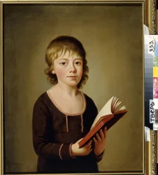 Portræt af grev Pyotr Alekseevich Galitzine (Golitsyn) (Portræt af greven Pyotr Alekseevich Golitsyn). Ung teenager holder en åben bog i hænderne. Anonymt maleri, olie på lærred, begyndelsen af ​​1800-tallet. Regional Art Gallery, Tver (Rusland)