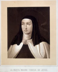 Portræt i buste af den hellige Therese af Jesus (eller den hellige Therese af Avila) (1515-1582), gravering
