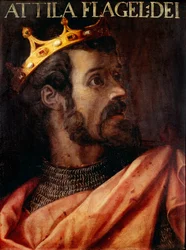 Portræt af Attila (395-453) Hunnernes konge. Anonymt maleri fra det 17. århundrede af "Gioviana Collection" Florence Uffizi Gallery.