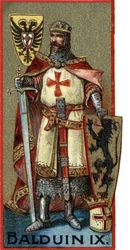 Portræt af Balduin IX (Balduin IX af Flandern) eller (Balduin VI af Hainaut), kendt som Balduin af Konstantinopel, kejser af Konstantinopel fra 1204 til 1205 under navnet Balduin I. Kromolitografi fra slutningen af det 19. århundrede.