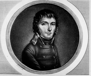 Portræt af Barthelemy Joubert (1769 - 1799), general for Armee of Italy. Indgravering i "" Komplet samling af historiske malerier fra den franske revolution, i tre bind.""" 1804.
