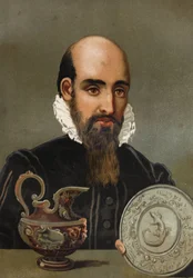 Portræt af Bernard Palissy (1510 - 1589). Kromolitografi i slutningen af ​​det 19. århundrede. baseret på "Science and its Men"" af Louis Figuier. Barcelona 1881